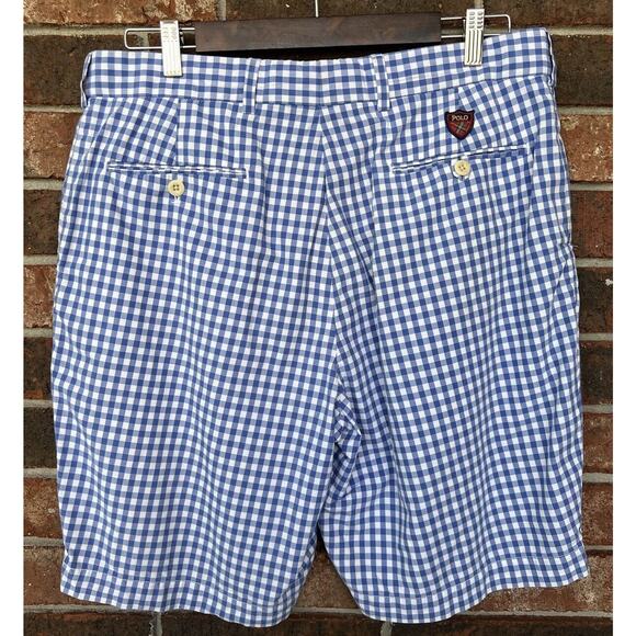 Polo GOLF Ralph Lauren Shorts SZ 35 Blue Check Flat Front Chino Classic Preppy - Picture 2 of 6
